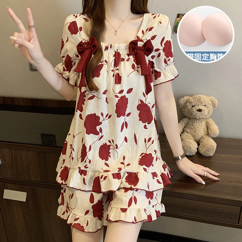 夏季家居服女款双短花边蝴蝶结一字领清新甜美风带胸垫款套装甜美