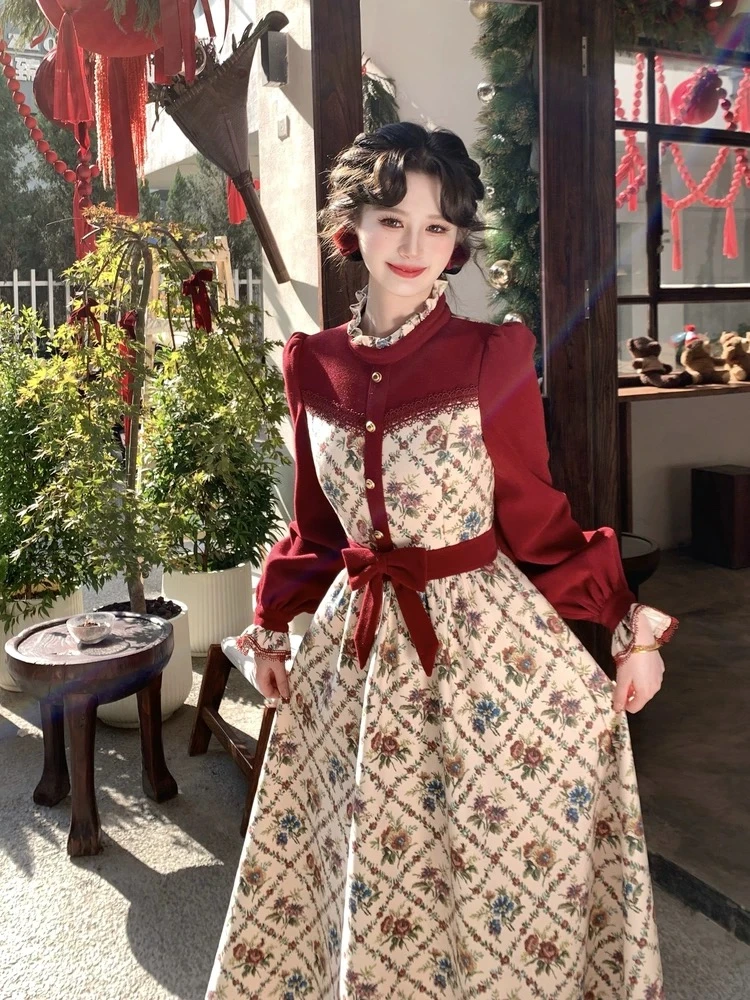 【花街游行】法式复古圣诞连衣裙女冬季红色宴会订婚裙子