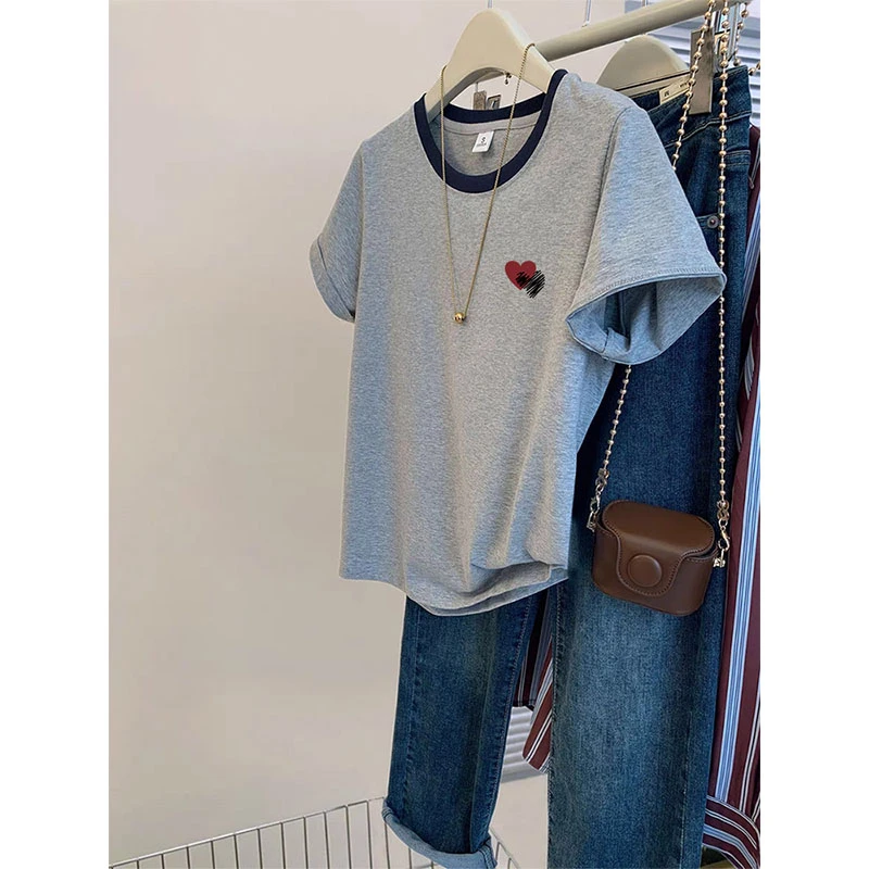 2025新款正肩撞色简约短袖t恤女时尚洋气灰色上衣打底衫春夏季潮