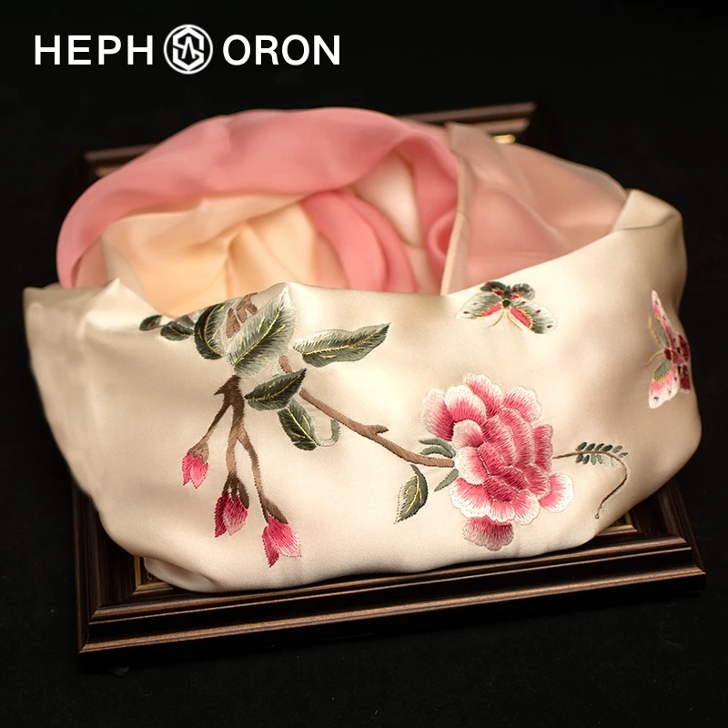 HEPHSORON苏绣丝巾礼盒送妈妈粉色刺绣拼纱披肩桑蚕丝真丝围巾