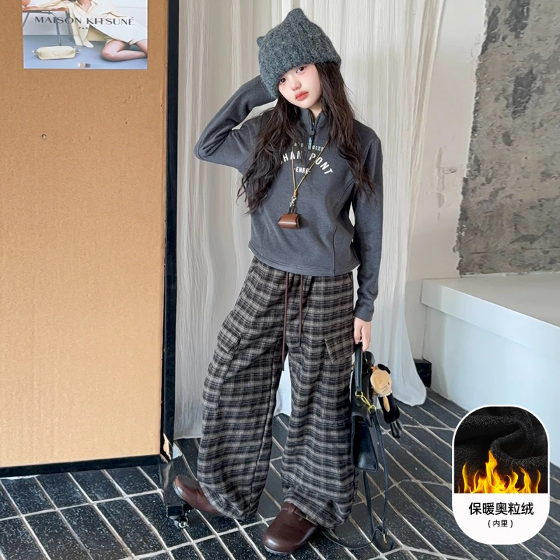 女童套装2025新款秋冬潮酷中大童韩版保暖立领衫加绒格子裤两件套