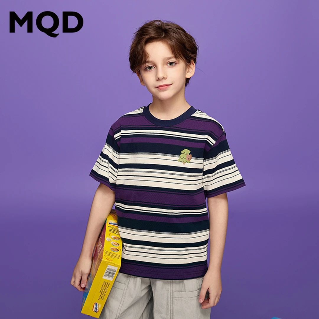 MQD童装25夏季新品学院风撞色条纹卡通上衣百搭短袖T恤9652W0314