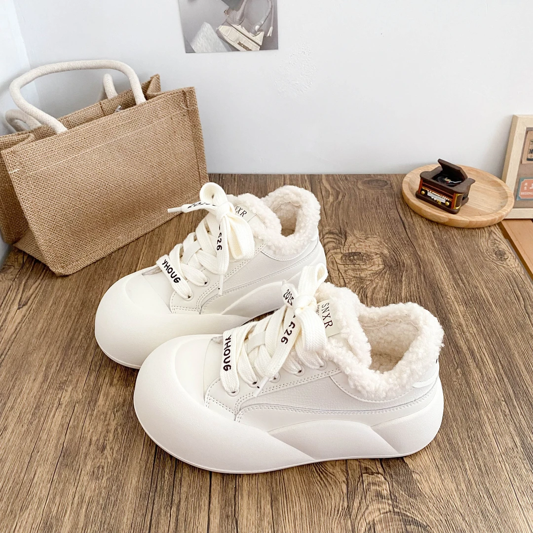 加绒大头面包鞋子厚底增高小白鞋女2025新款爆款鞋子