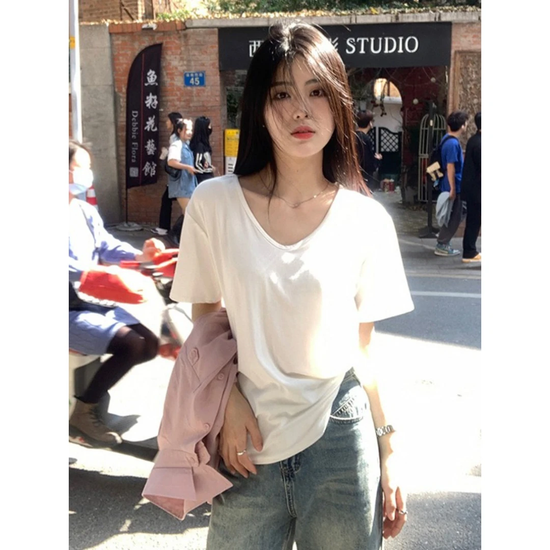 夏季U领短袖白色辣妹上衣女2025新款设计感小众T恤法式纯欲打底衫