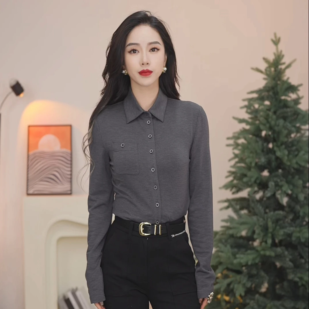 哥弟衬衫通勤加绒打底女1300820显瘦衬衣保暖内搭外穿长袖正肩