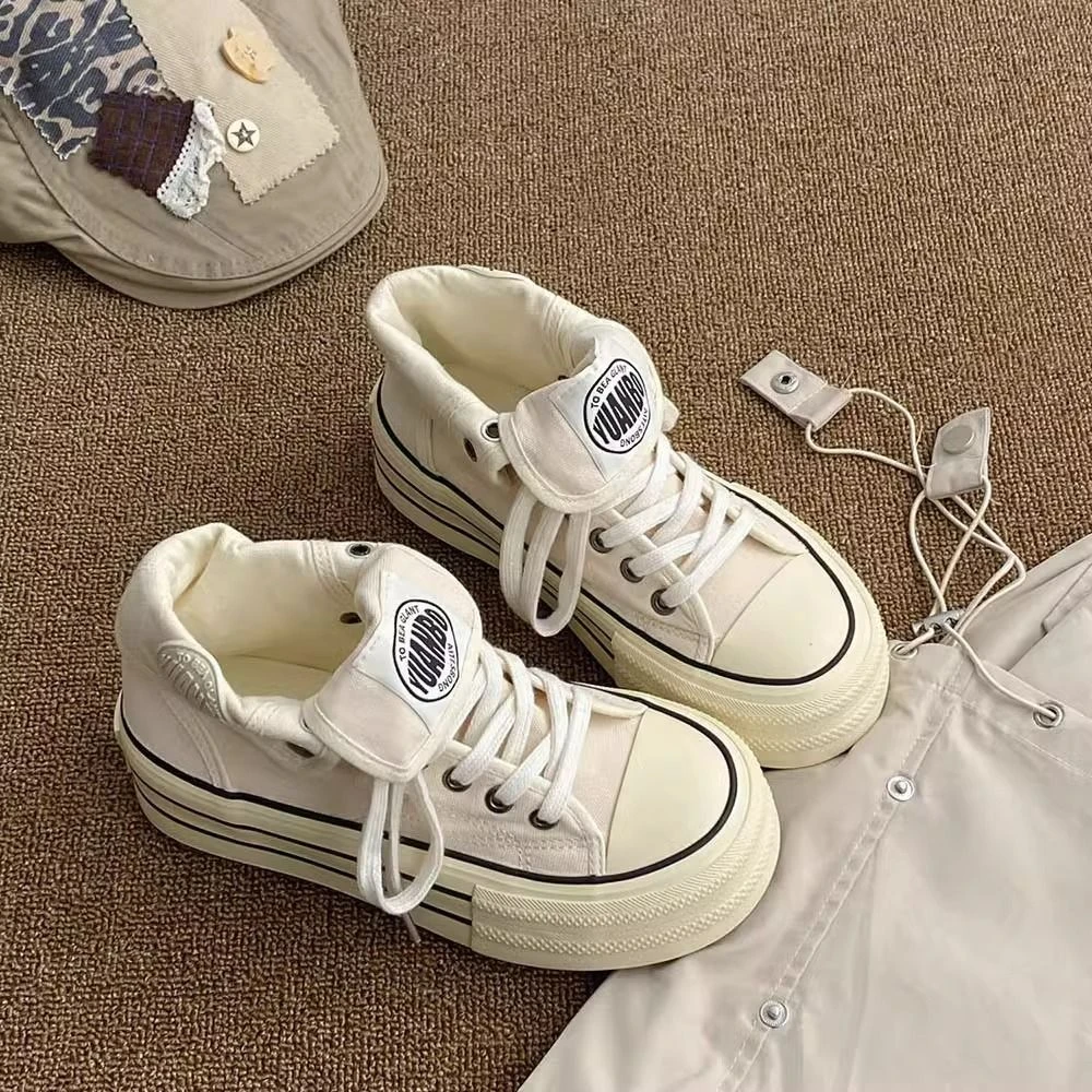 厚底白色高帮帆布鞋女2025春季新款增高小众设计休闲板鞋子ins潮