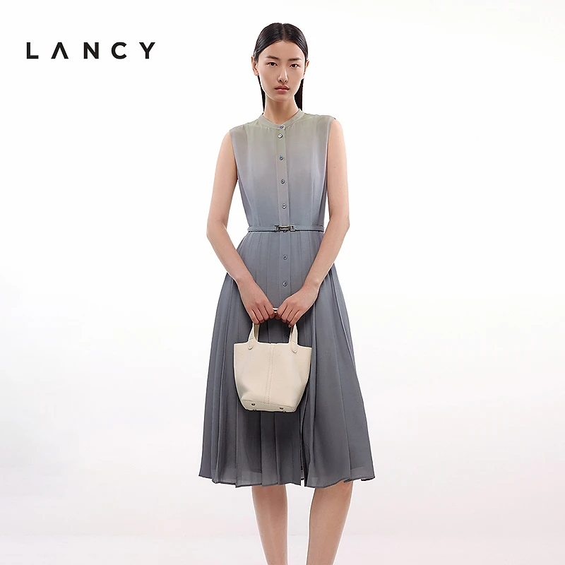 【商场同款】2025夏季新款无袖渐变色压褶A字气质艺术中长款连衣裙