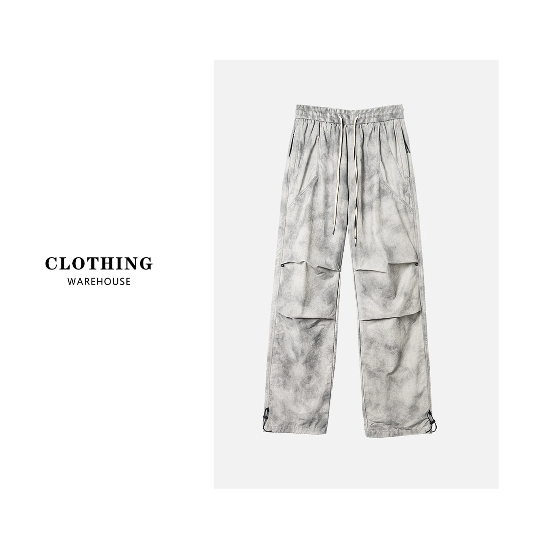 B673 美式扎染双褶伞兵裤潮牌宽松休闲户外工装休闲裤24-326浅灰