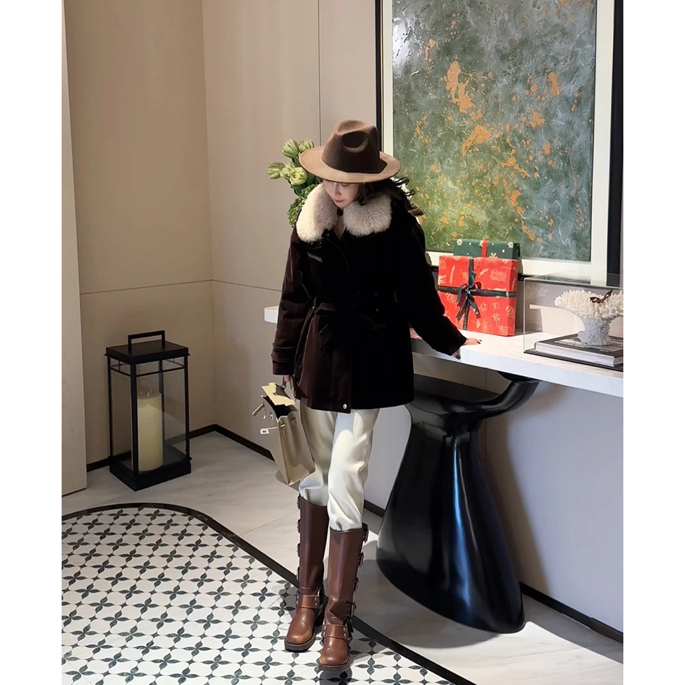 【PoGu】新款白鹅绒植绒羊毛毛领羽绒服外套WT-990
