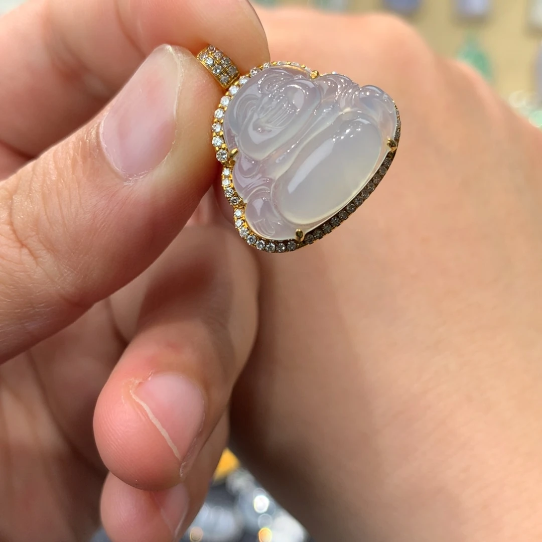 翡翠吊坠(不含链)18K金镶嵌佛公