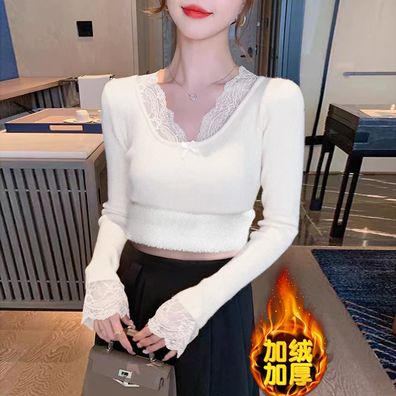 加绒加厚打底衫女内搭秋冬新款纯欲蕾丝辣妹保暖短款低领短款上衣