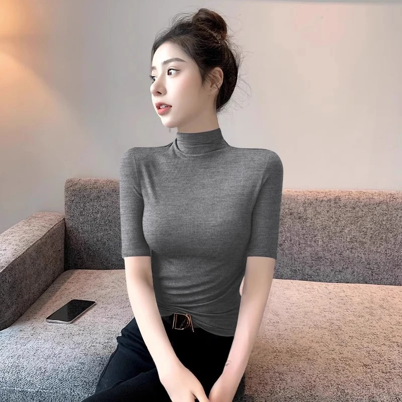 黑色半高领t恤女夏季内搭2025新款五分袖中袖修身针织打底衫上衣
