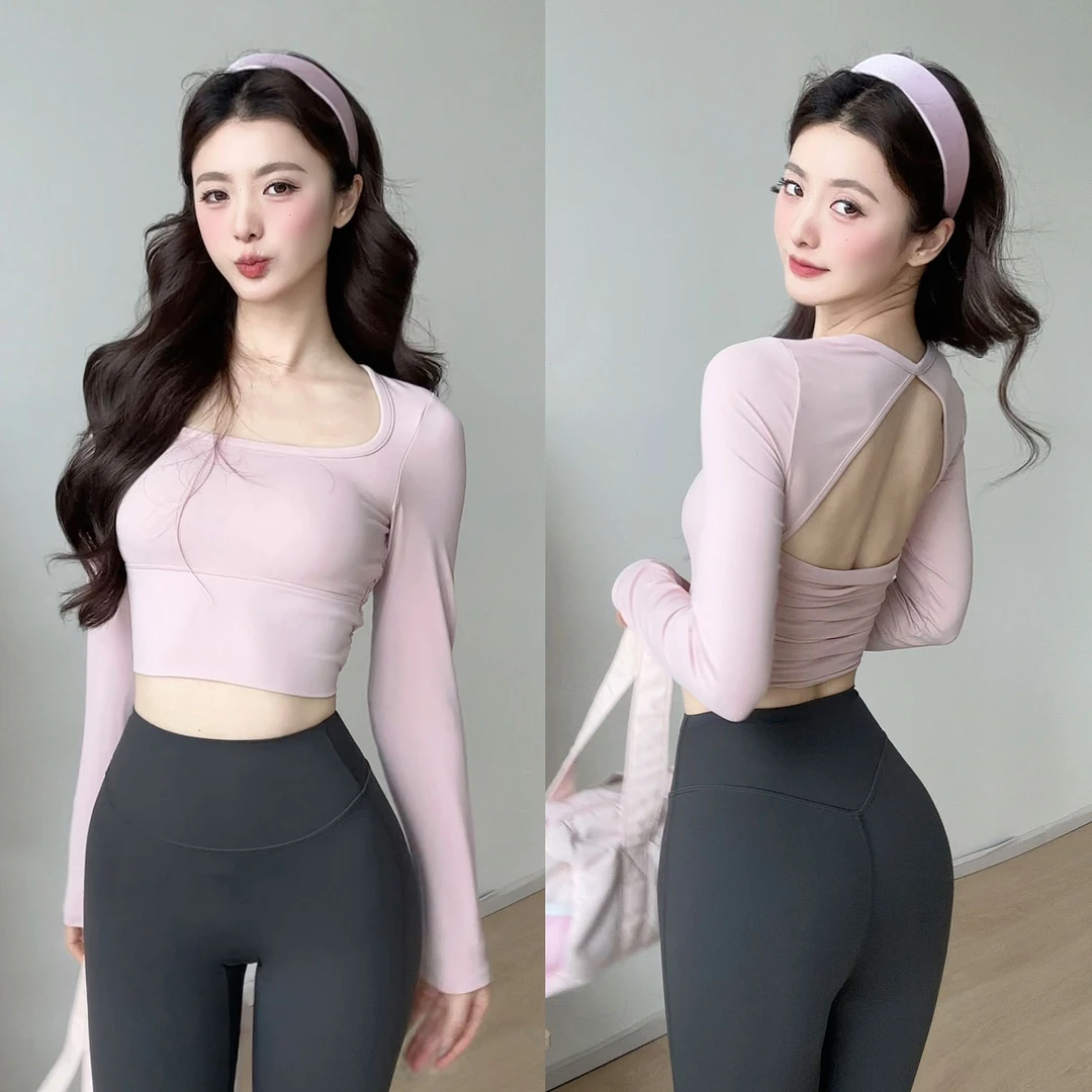 gogoyoga带胸垫运动长袖上衣女镂空瑜伽美背专业普拉提训练健身服
