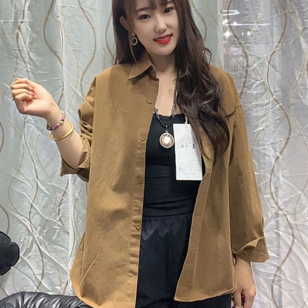 咖色灯芯绒加厚长袖衬衫女士宽松纯色开衫休闲百搭上衣