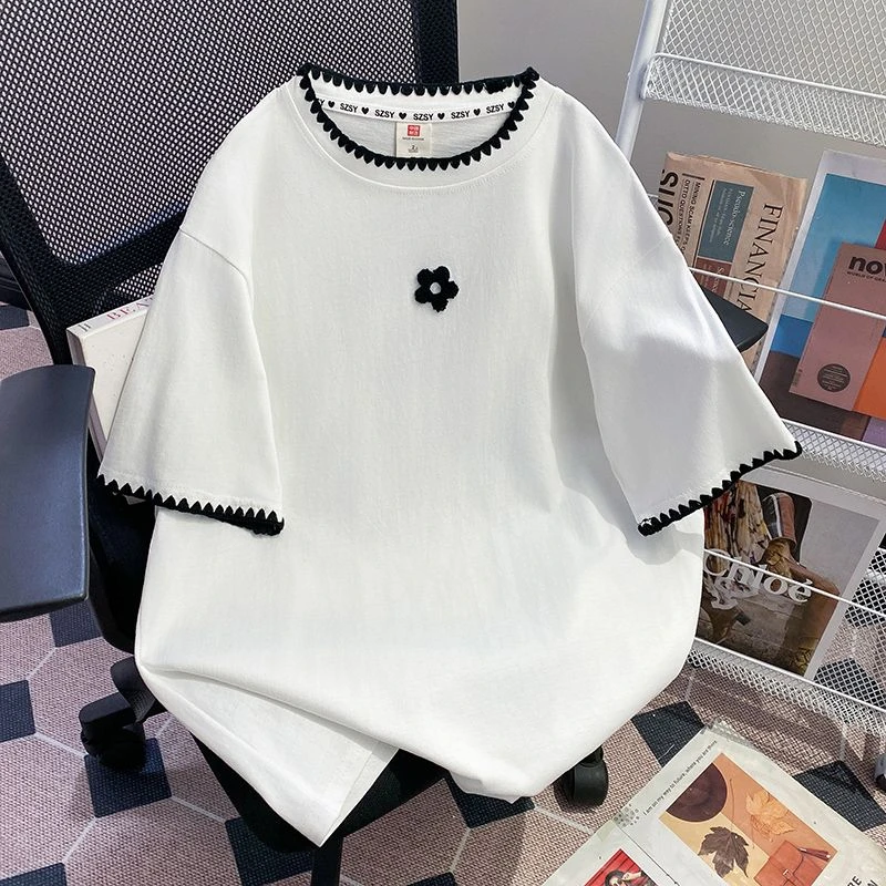 胖mm240斤大码纯棉波浪边设计感圆领短袖t恤女夏季宽松精致上衣潮