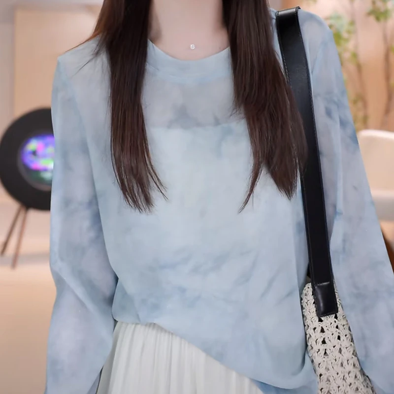韩系宽松洋气显瘦扎染防晒长袖T恤女2025春夏小众别致打底衫上衣