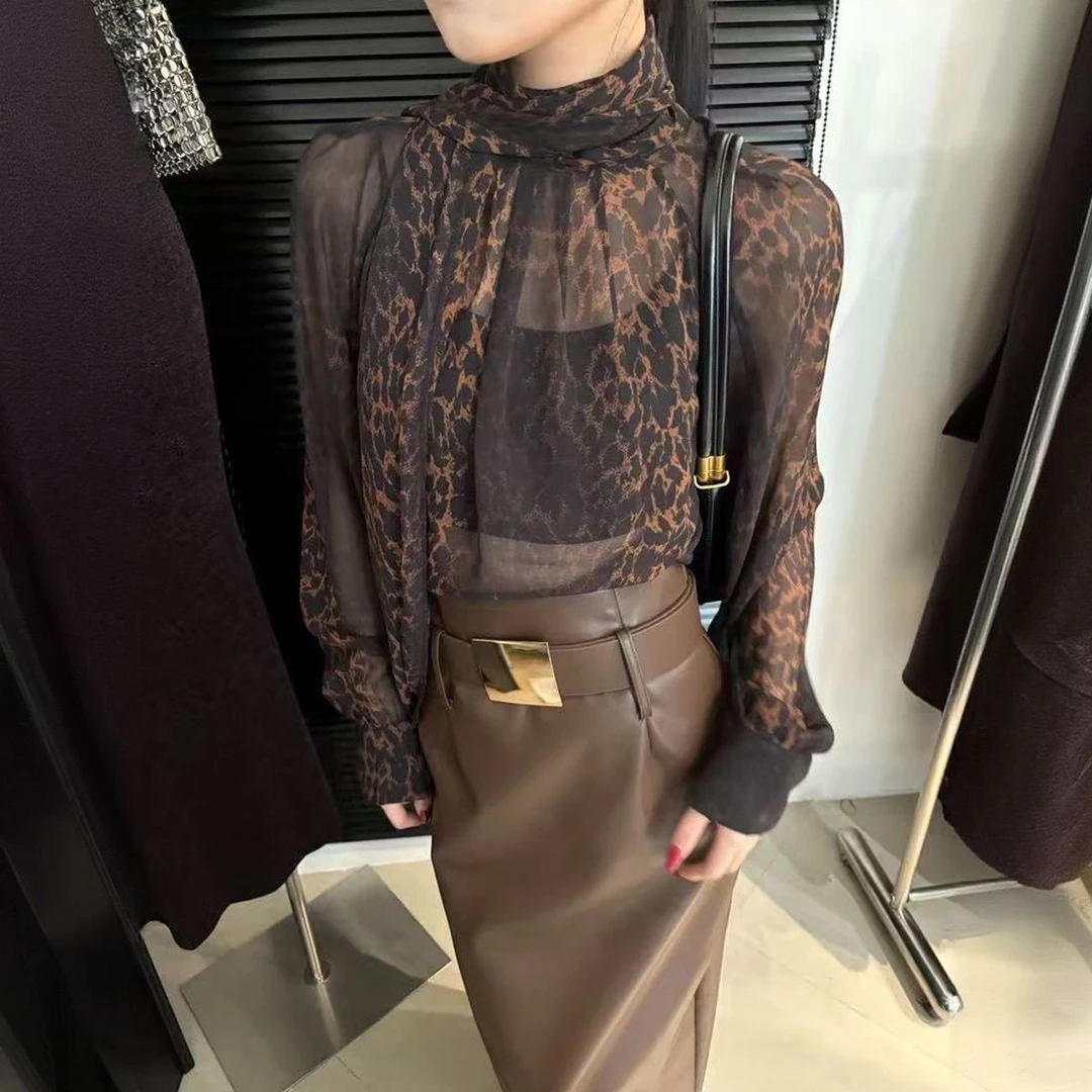 设计感豹纹可调节两面穿飘带衬衣早秋轻奢高级感宽松薄款上衣女装