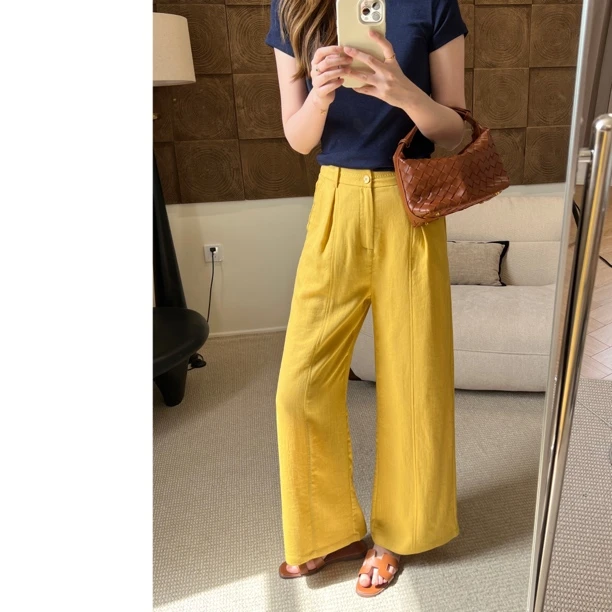 M.M腰头刺绣裤/夏季麻感垂感显瘦直筒阔腿裤