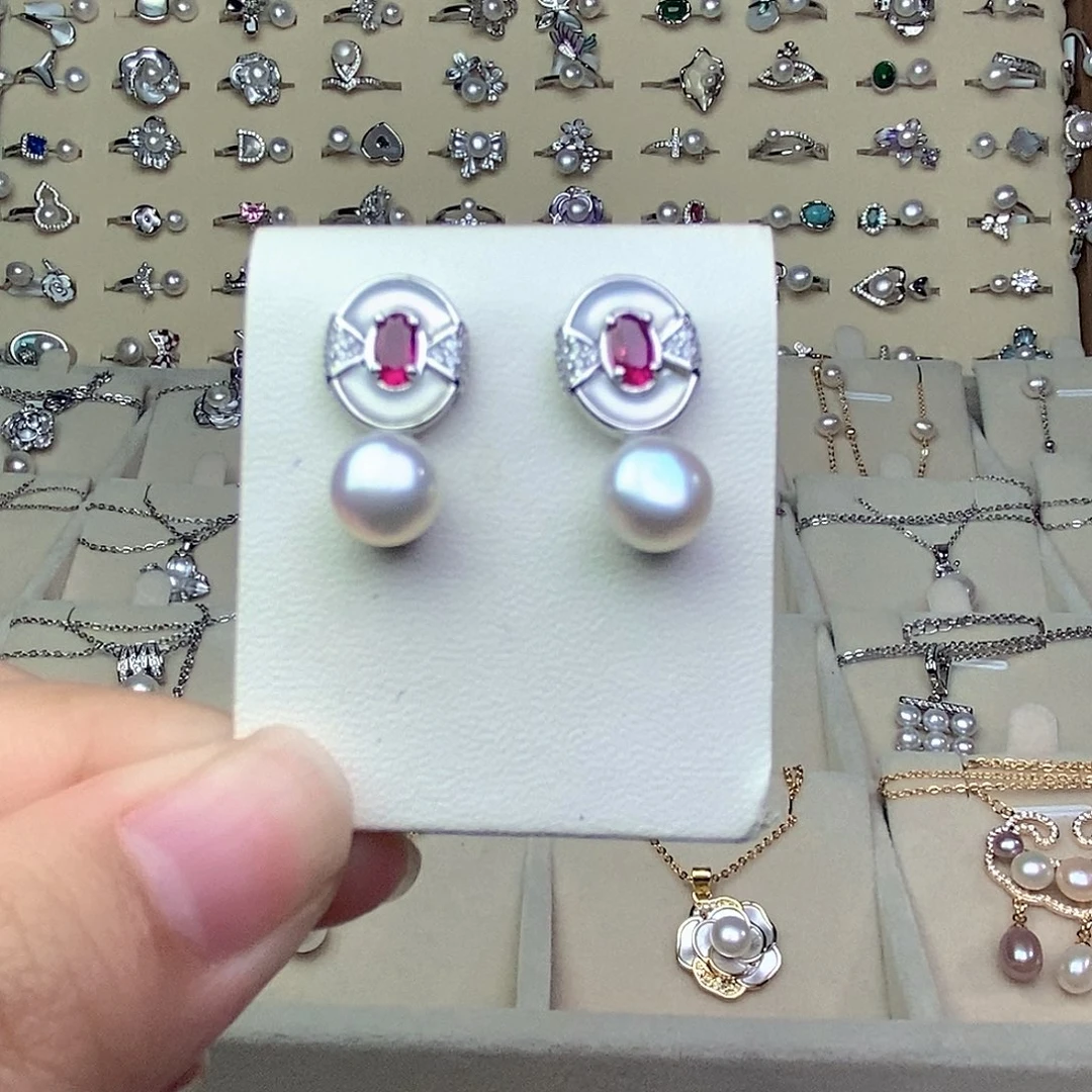 淡水珍珠银S925镶嵌耳饰