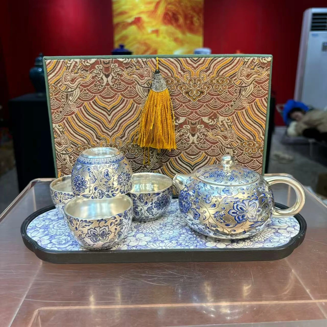 秋香茶具 缠枝莲西施银壶一壶四杯带盘茶壶套装-4830