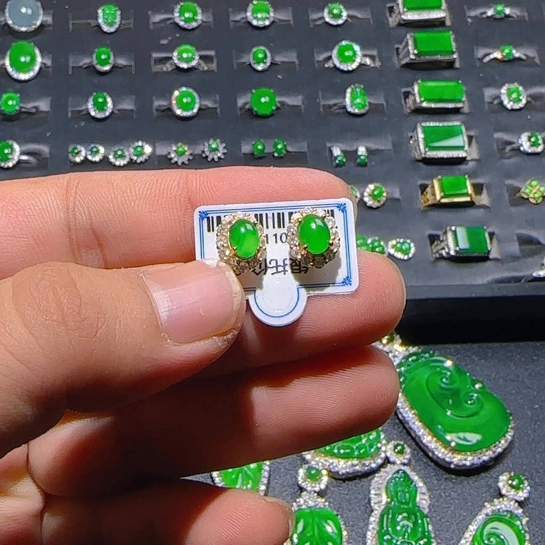 翡翠银S925镀金镶嵌耳饰