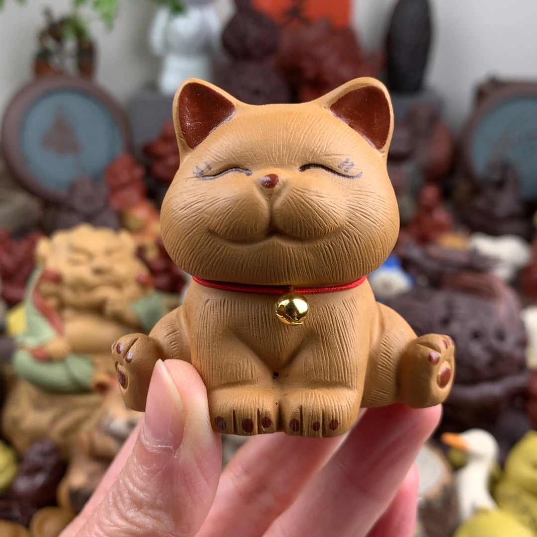 紫砂茶宠劈叉招财猫段泥