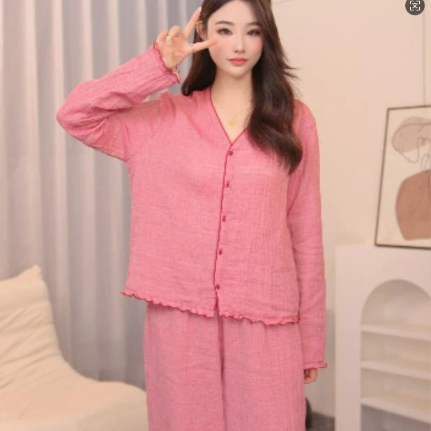 【纯色套装】舒适棉纱睡衣女款棉纱长袖柔软时尚风家居服可外穿套装