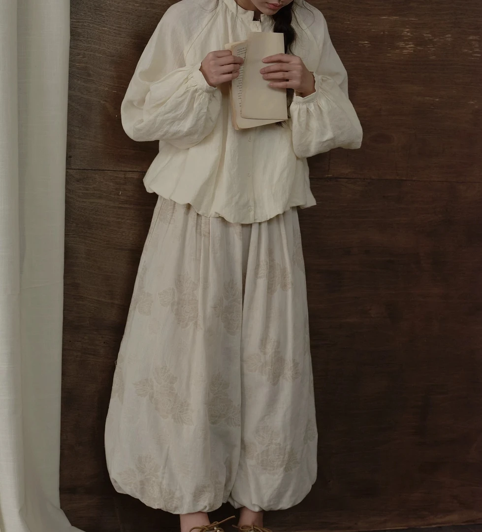 复古文艺提花休闲裤女春季百搭阔腿显瘦灯笼裤子