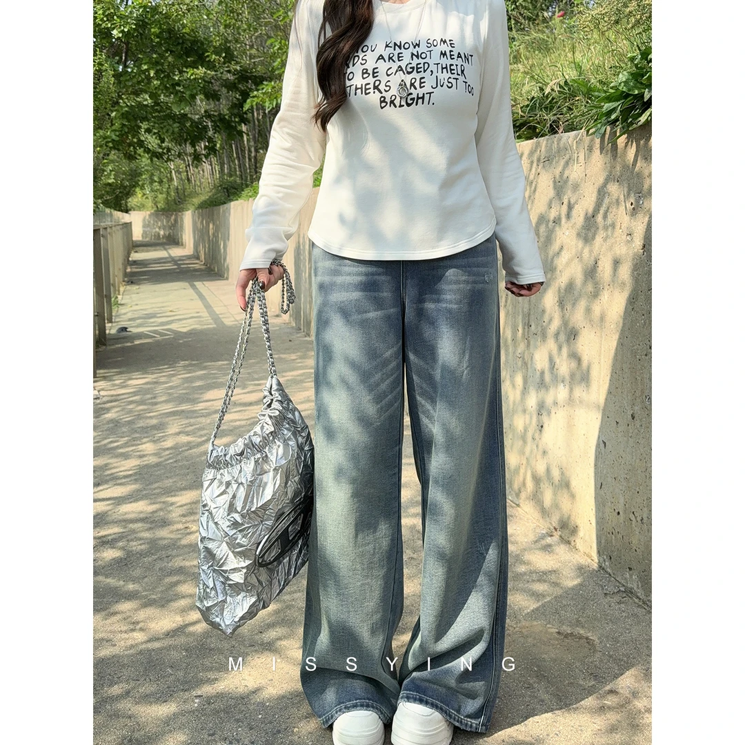 应小姐【冰岛日落】微胖大码休闲显瘦百搭韩版宽松直筒薄绒牛仔裤