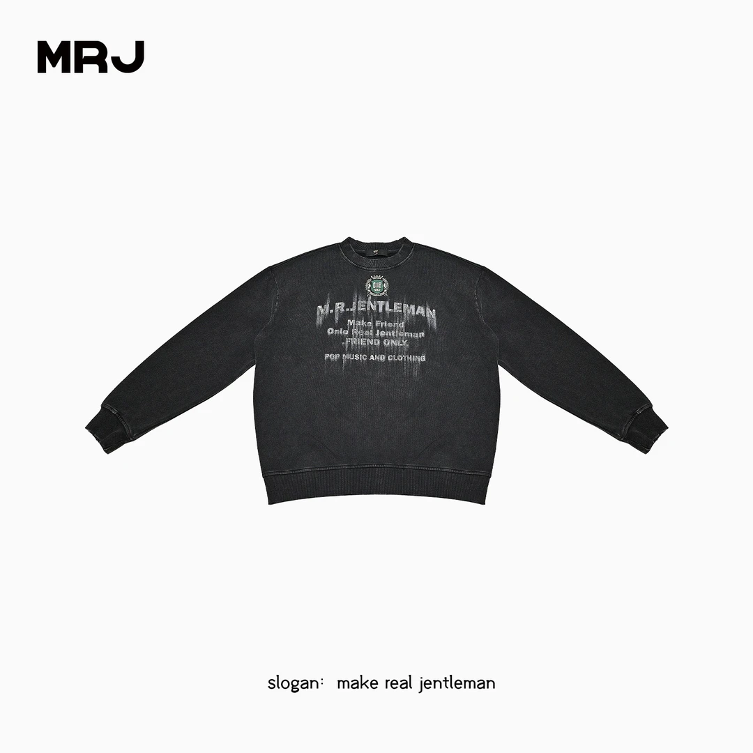 MRJ周杰伦原创品牌做旧字母水洗款百搭情侣圆领卫衣