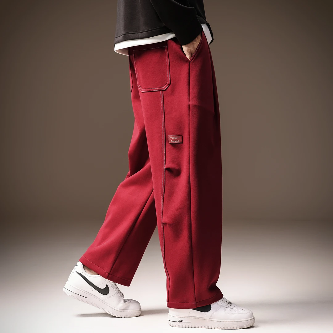 Cebrodz美式重磅红色复古直筒休闲裤男秋季潮牌宽松垂感阔腿长裤