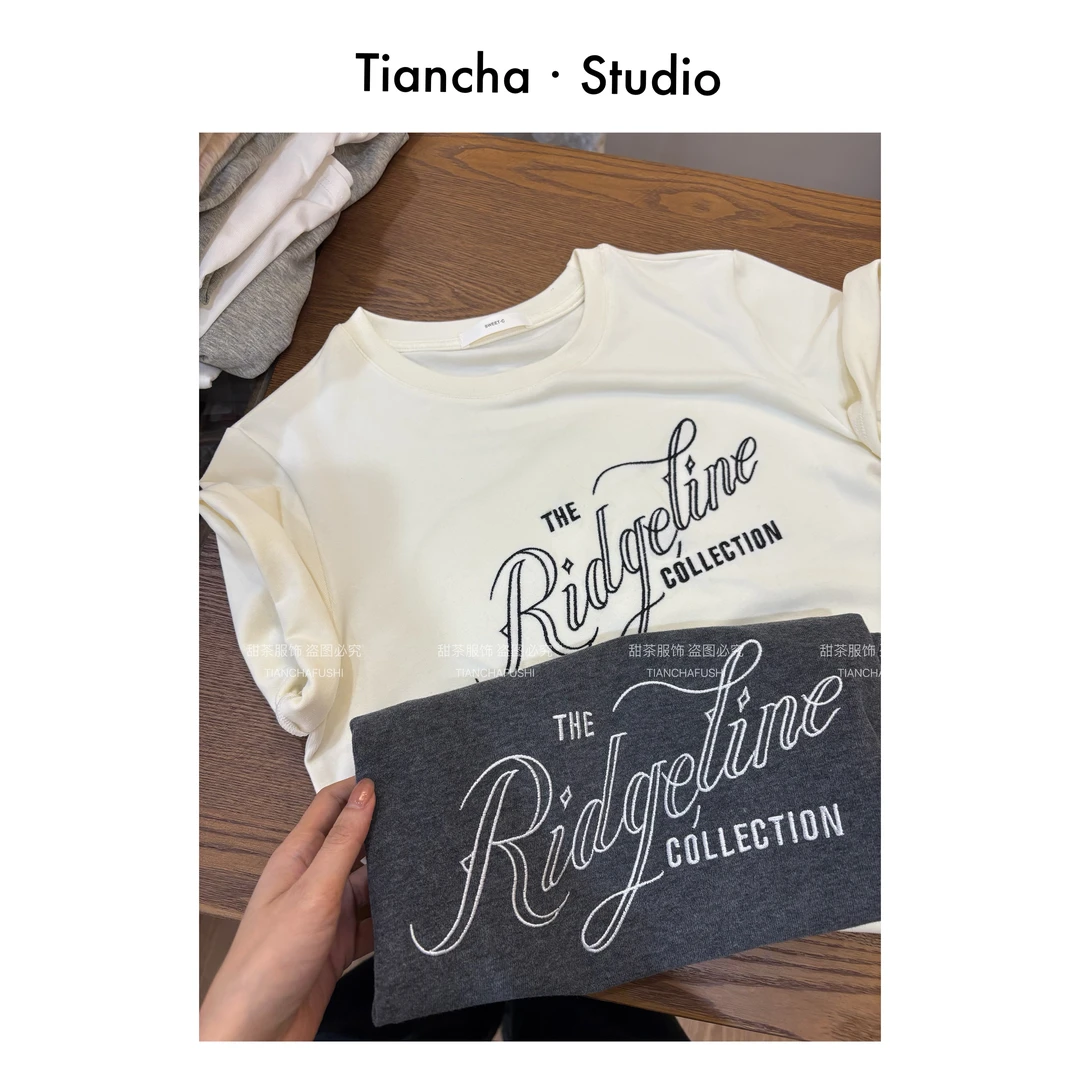 sweet c【THE字母】M750#夏季T恤女正肩韩版简约刺绣英文百搭上衣