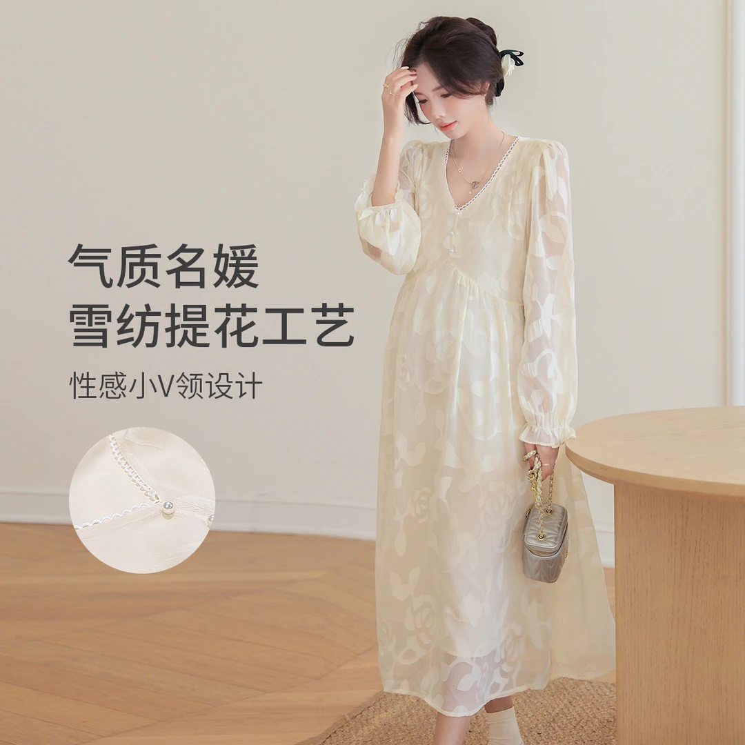 孕妇春秋款气质提花V领长袖连衣裙57449