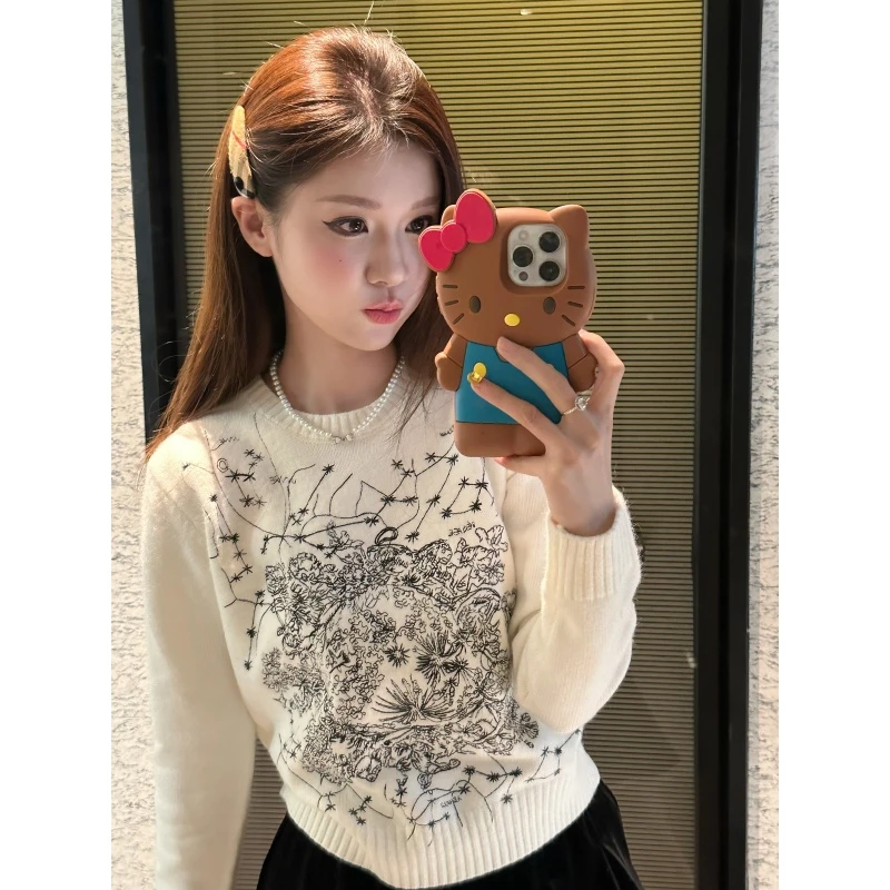 【刺绣小香~】复古提花圆领时尚百搭可爱风提花毛针织衫-MY20251362