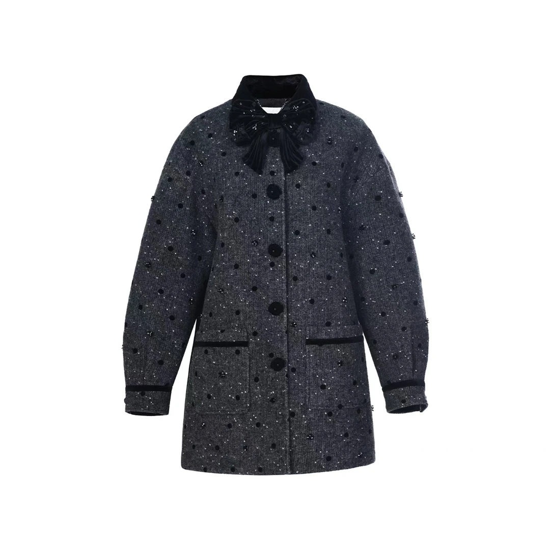 LeFame/拉飞姆2025秋冬新款时尚衬衫领波点毛呢外套LF25D41SY120