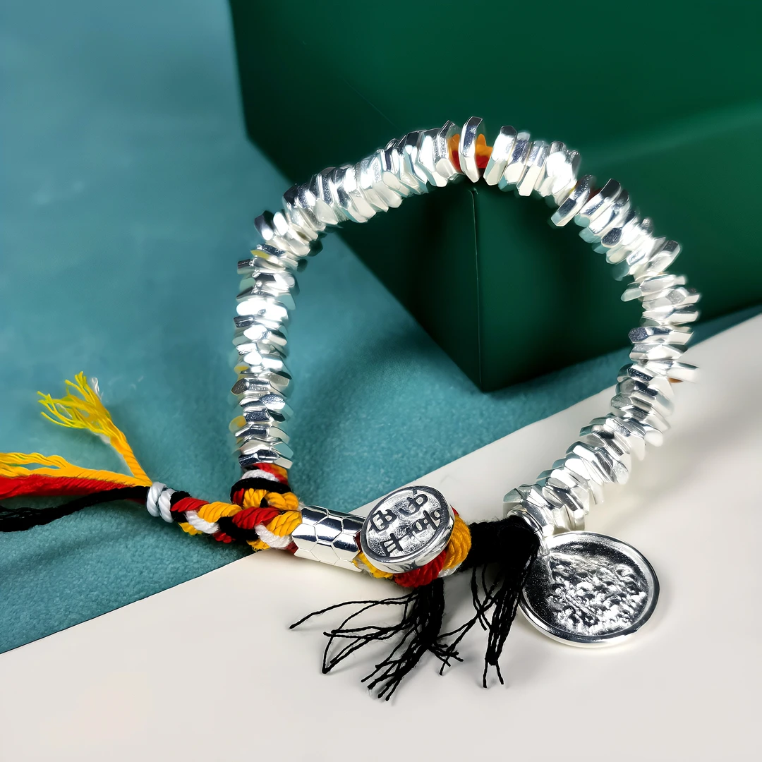 足银手链 足银9999黄财神彩色盘缠平安喜乐碎银子盘串银手链手串