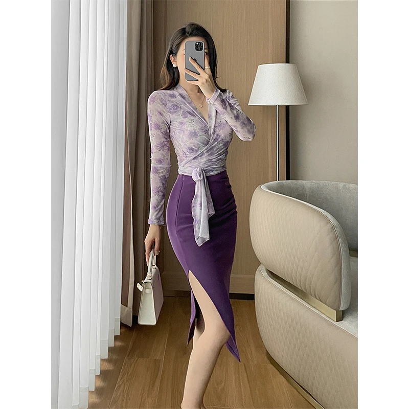 藤紫色修身套装女夏季新款气质V领绑带上衣修身包臀半身裙两件套