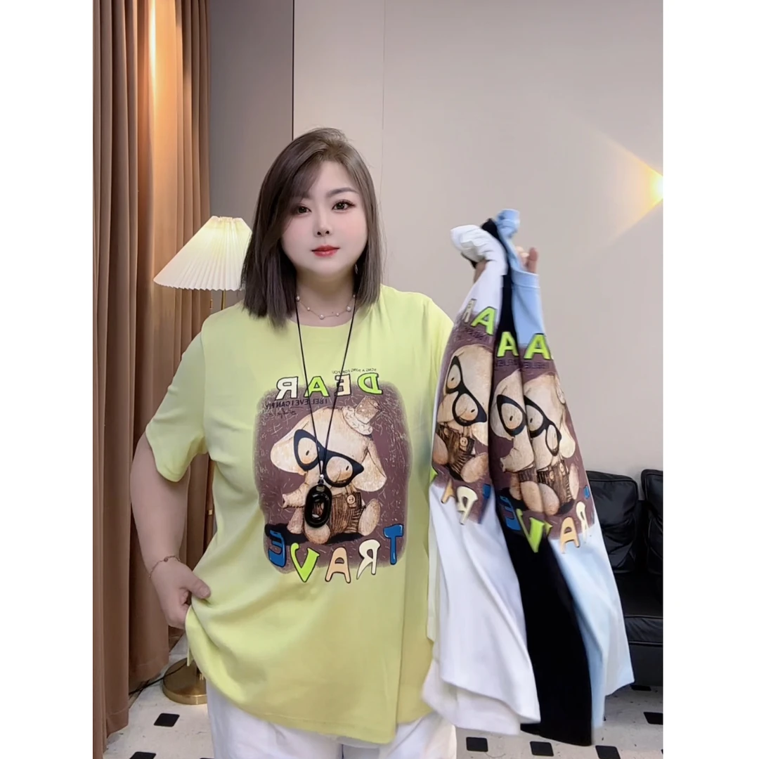 夏季宽松短袖T恤大码显瘦遮臀休闲卡通图案棉半袖休闲薄夏季胖mm