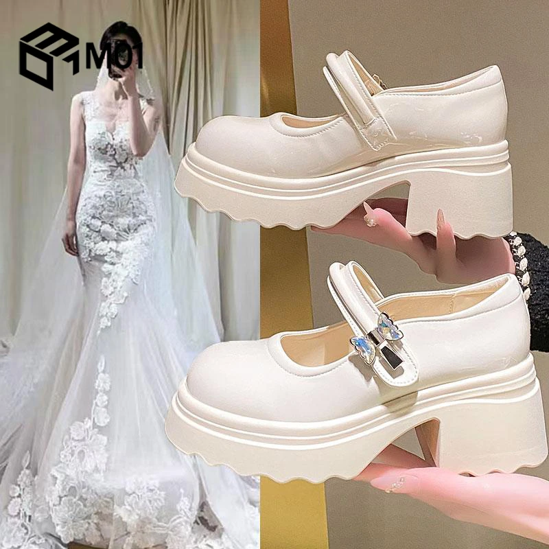 M01婚鞋女婚纱神器婚礼新娘鞋伴娘鞋粗跟厚底魔术贴玛丽珍高跟鞋
