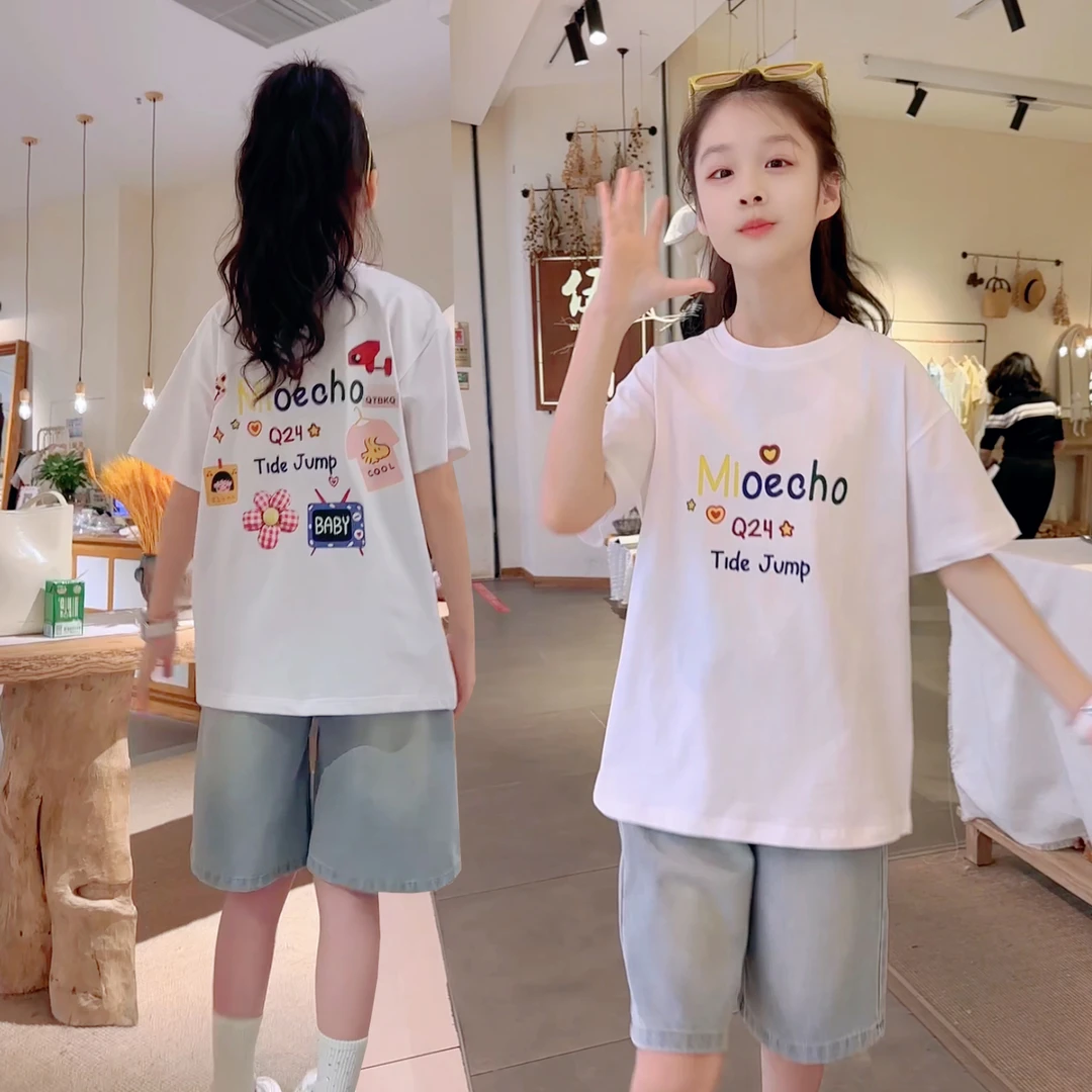 618女童夏季套装学生新款休闲T恤五分裤2件套儿童短袖牛仔中裤子