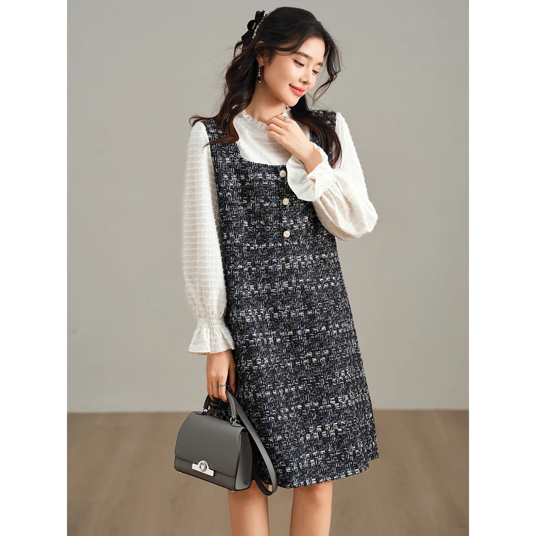 法式小香风假两件连衣裙女2025年秋冬新款中长裙欧货裙子大码女装