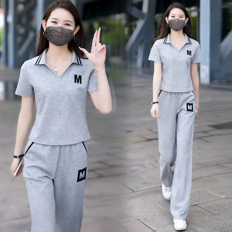 高含棉时尚潮流运动套装女2025夏季新款宽松短袖t恤阔腿裤两件套