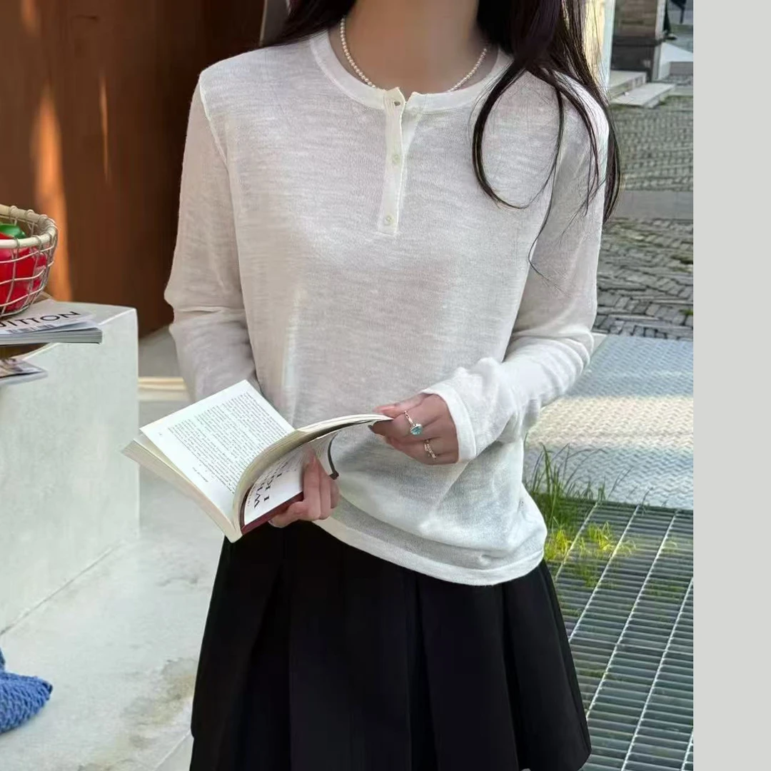 68016 天丝凉爽圆领针织衫女长袖2025春夏季防晒薄款外搭罩衫上衣