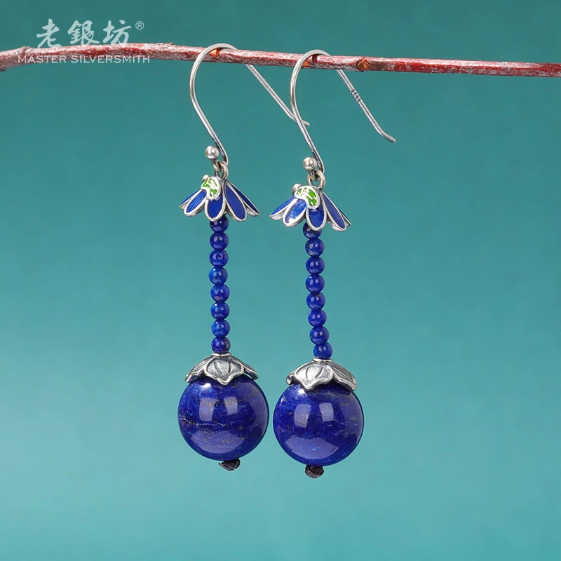 【老银坊】s925银花瓣青金石耳坠 0014956