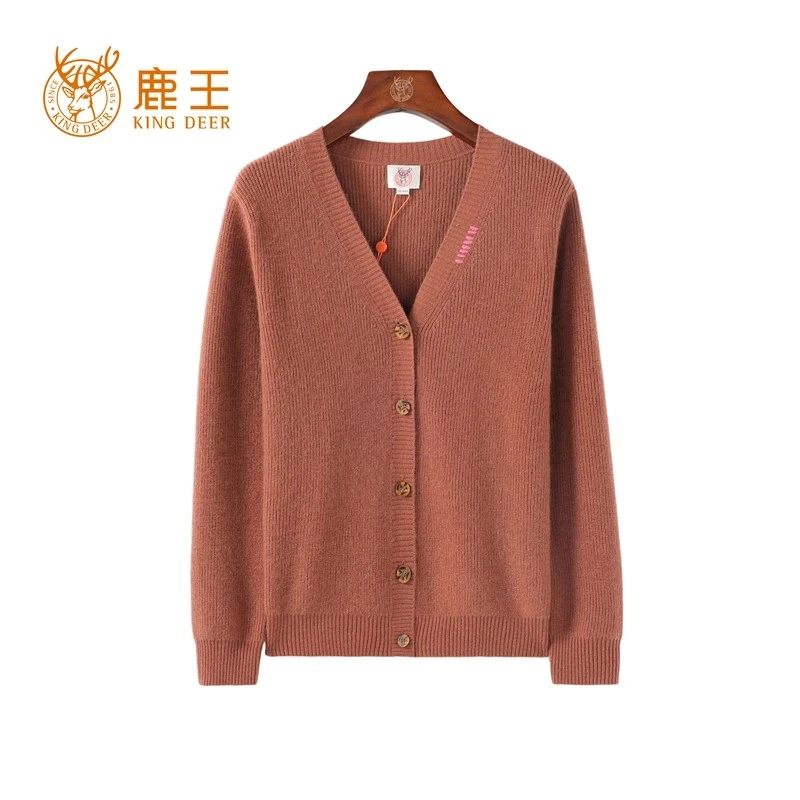 【商场同款】鹿王24新款女V领100山羊绒休闲开衫 加厚 912418046
