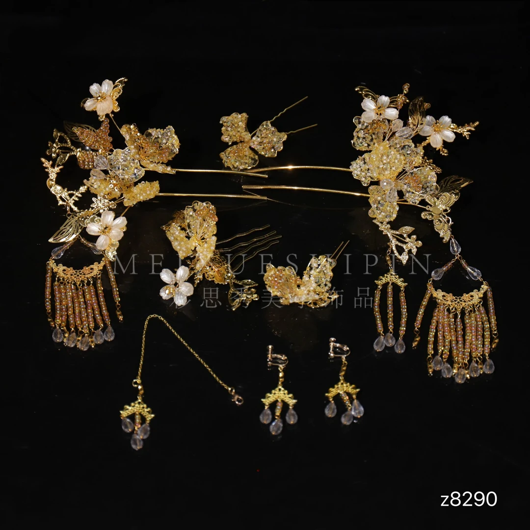 z8290新款手工串珠香槟色造液花中式婚礼秀禾古风新娘结婚头饰