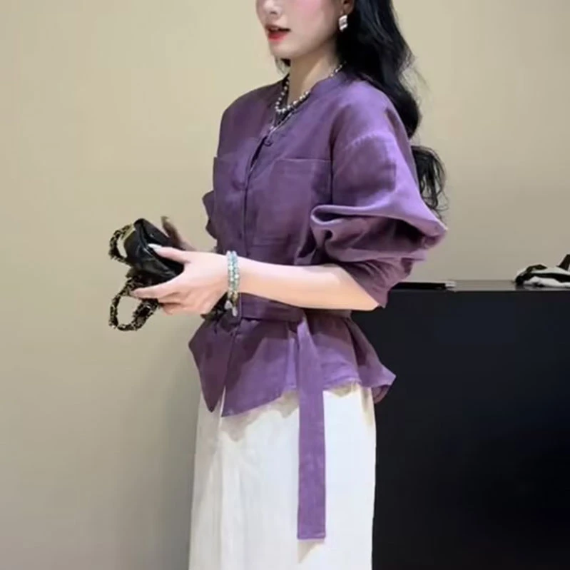 欧韩气质时尚薄款麻料腰带衬衫女春夏季新款圆领显瘦减龄长袖上衣