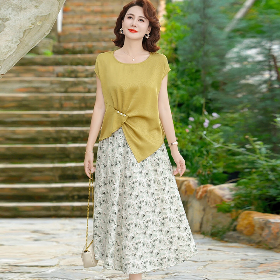 妈妈夏装套装碎花半身裙短袖T恤衫中年女短袖上衣休闲两件套