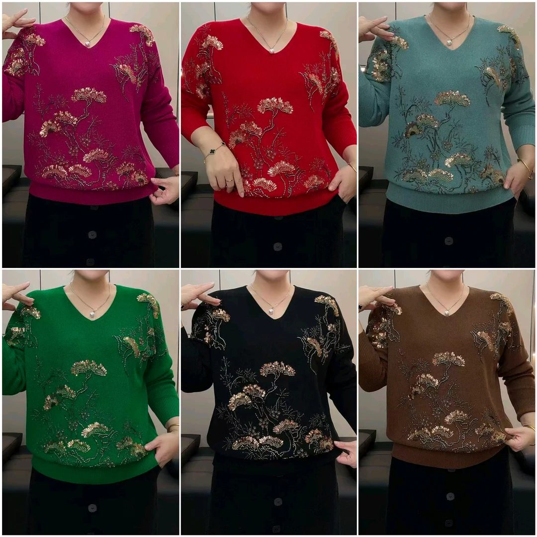 时尚妈妈装针织套头衫【百搭V领重工艺】春秋中老年网红减龄洋气