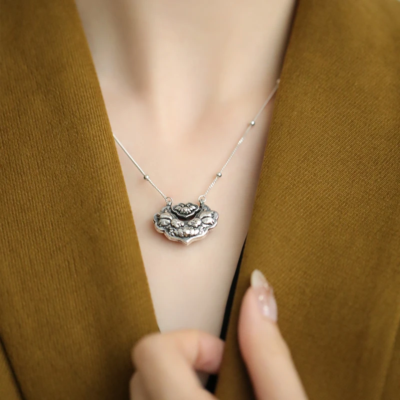 链子925银 N14598锦鲤莲花如意平安锁项链双面可戴复古国风气质